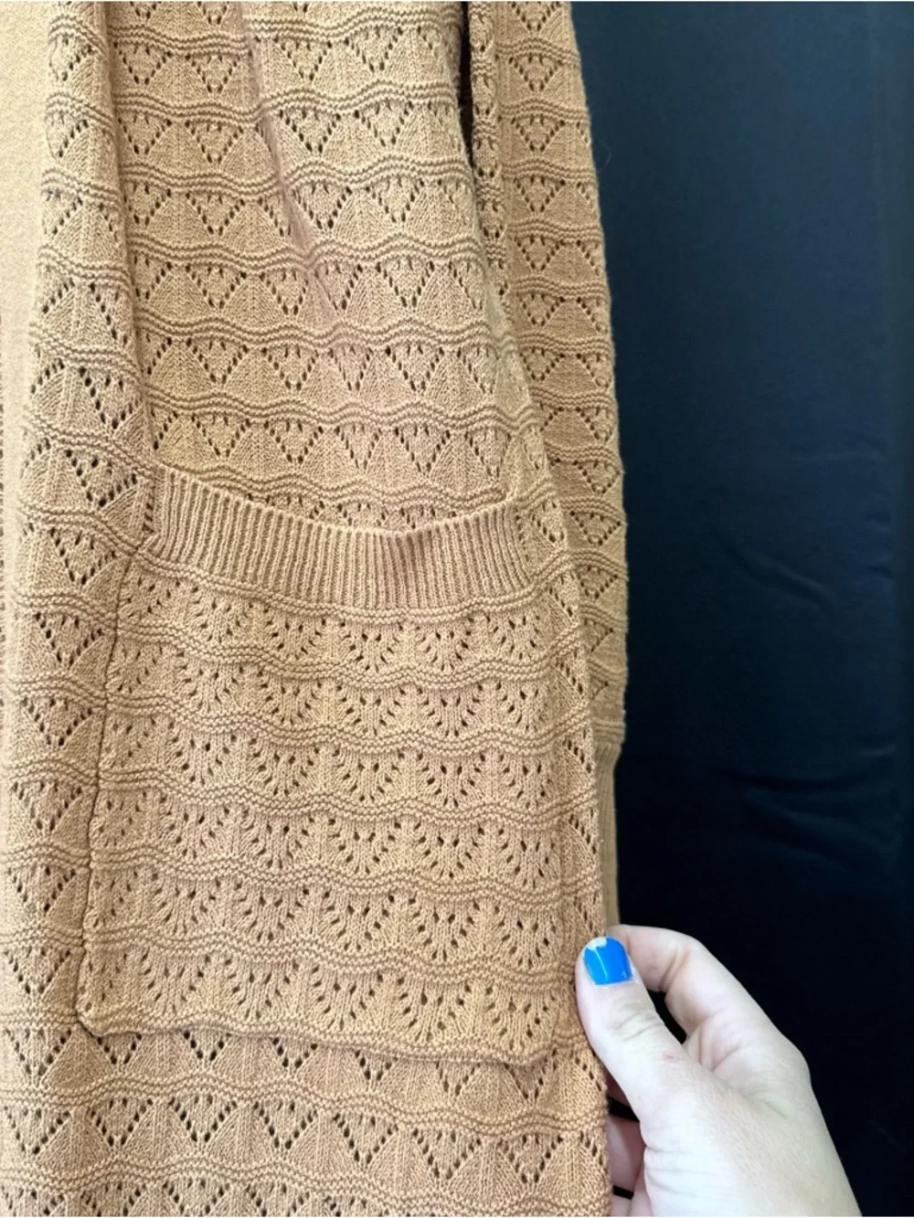 Marled Long Open-Front Knit Cardigan in Camel